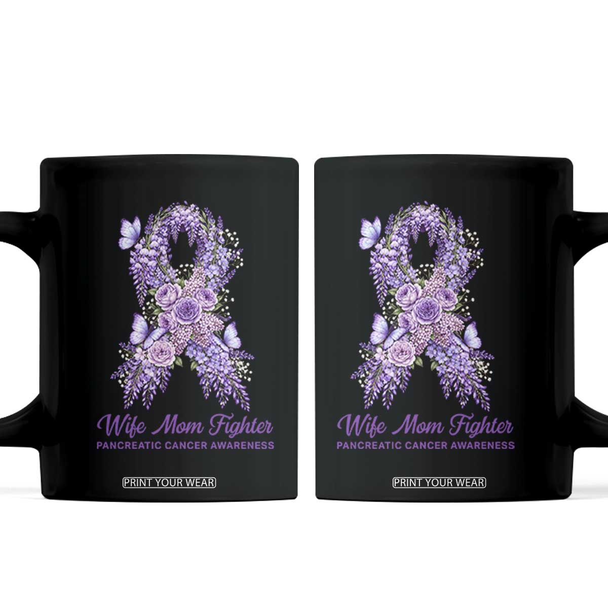 Pancreatic Cancer Wife Mom Fighter Coffee Mug Purple Floral Ribbon Christian Support