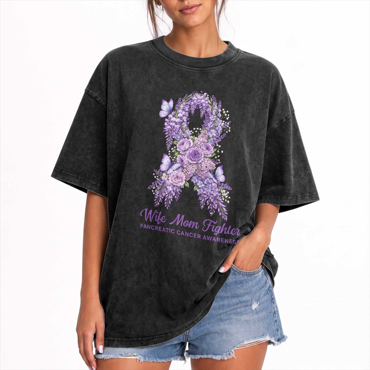 Pancreatic Cancer Wife Mom Fighter Washed Cotton T-Shirt Purple Floral Ribbon Christian Support