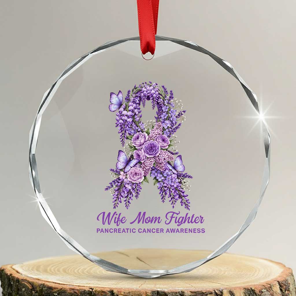 Pancreatic Cancer Wife Mom Fighter Crystal Glass Ornament Purple Floral Ribbon Christian Support