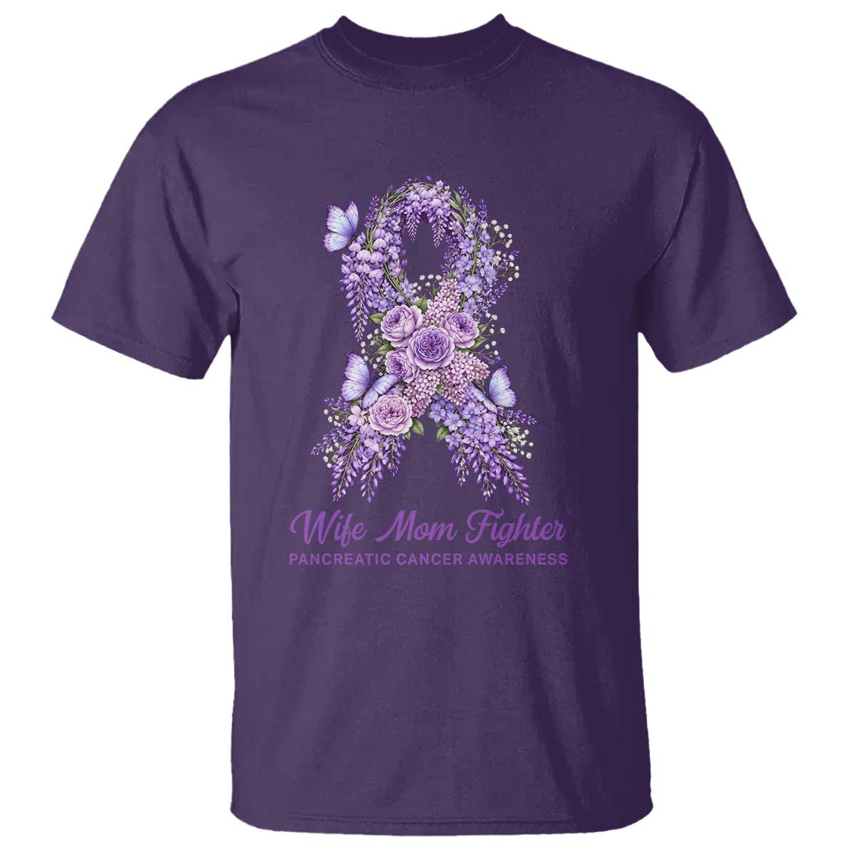 Pancreatic Cancer Wife Mom Fighter T Shirt Purple Floral Ribbon Christian Support