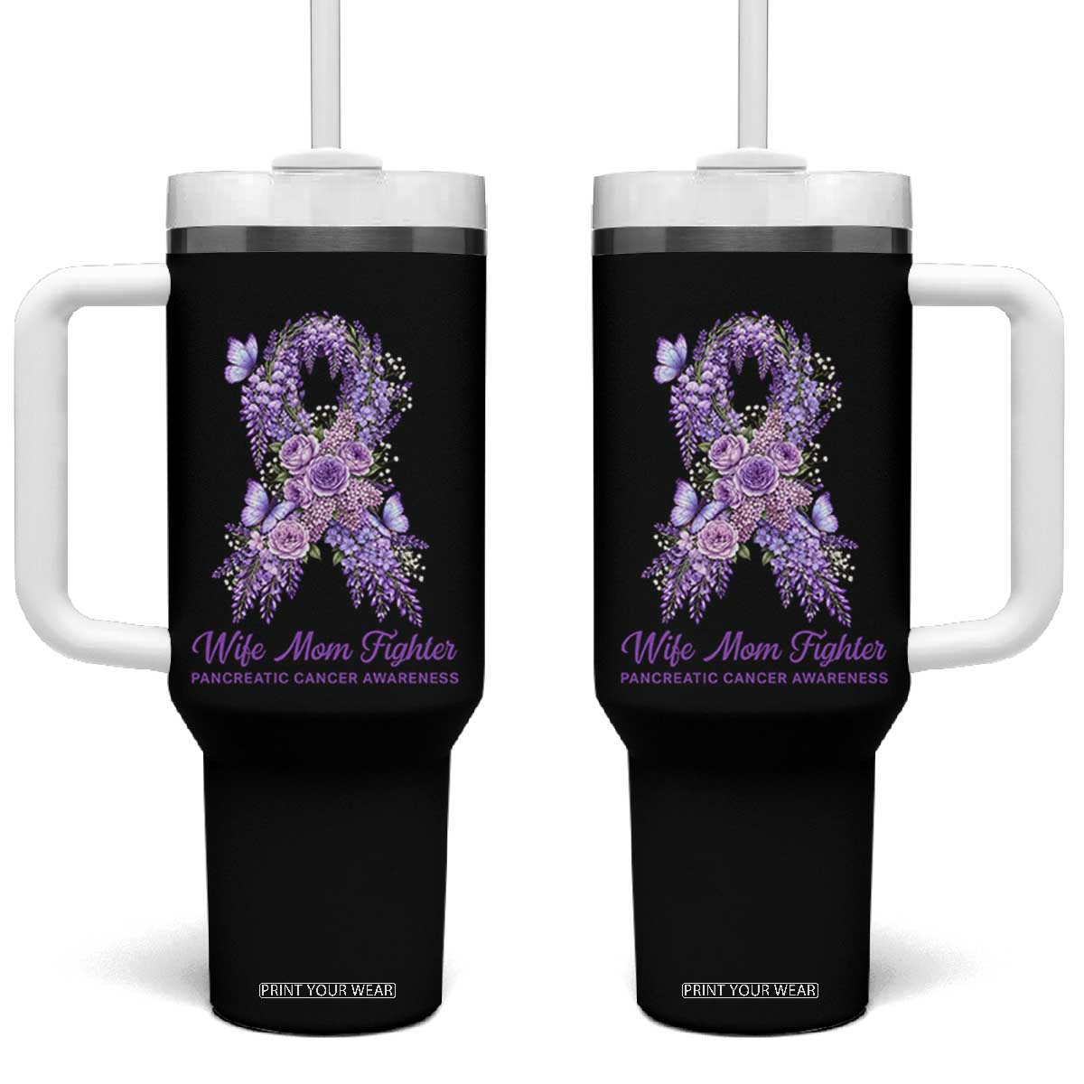 Pancreatic Cancer Wife Mom Fighter Tumbler With Handle Purple Floral Ribbon Christian Support