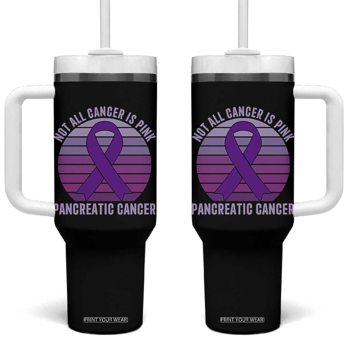 Purple Ribbon Pancreatic Cancer Tumbler With Handle Not All Cancer Is Pink