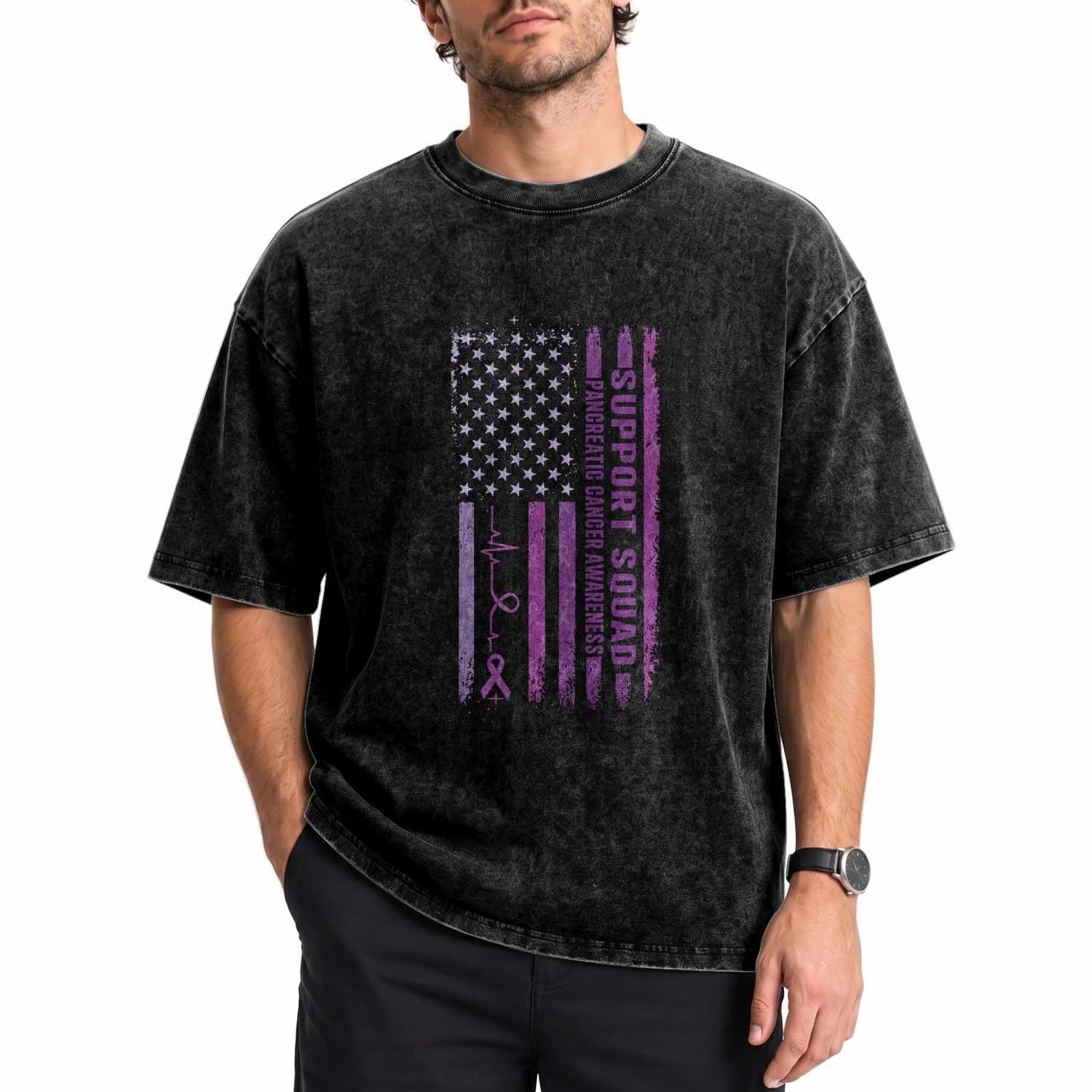 American Flag Pancreatic Cancer Washed Cotton T-Shirt Support Squad Purple Ribbon