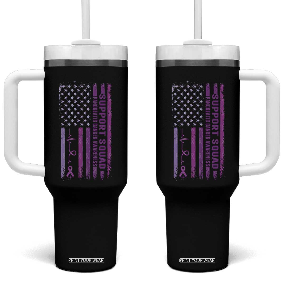 American Flag Pancreatic Cancer Tumbler With Handle Support Squad Purple Ribbon