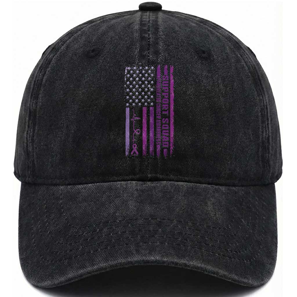 American Flag Pancreatic Cancer Washed Cotton Baseball Cap Support Squad Purple Ribbon