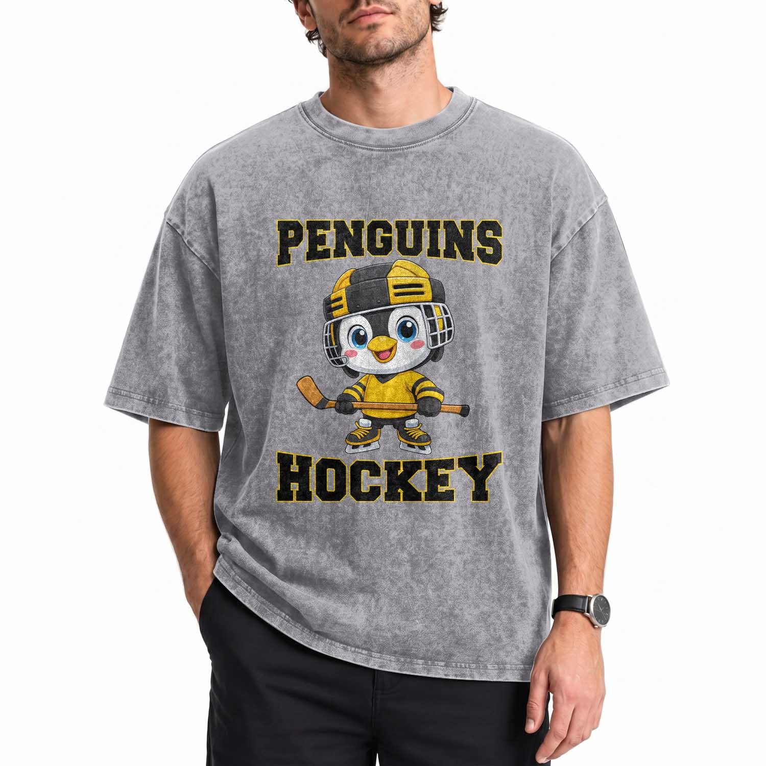 Funny Penguin Playing Ice Hockey Washed Cotton T-Shirt Winter Sports Gift