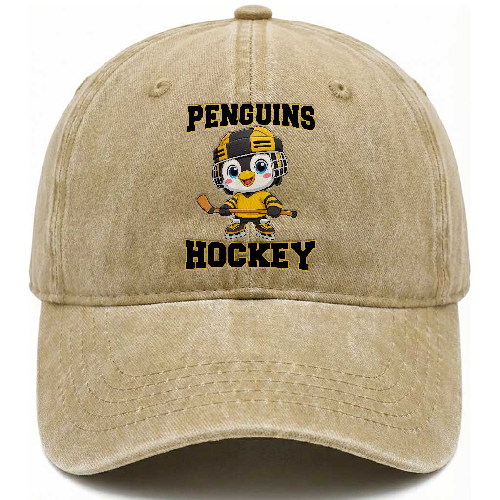 Funny Penguin Playing Ice Hockey Washed Cotton Baseball Cap Winter Sports Gift TS12 Print Your Wear