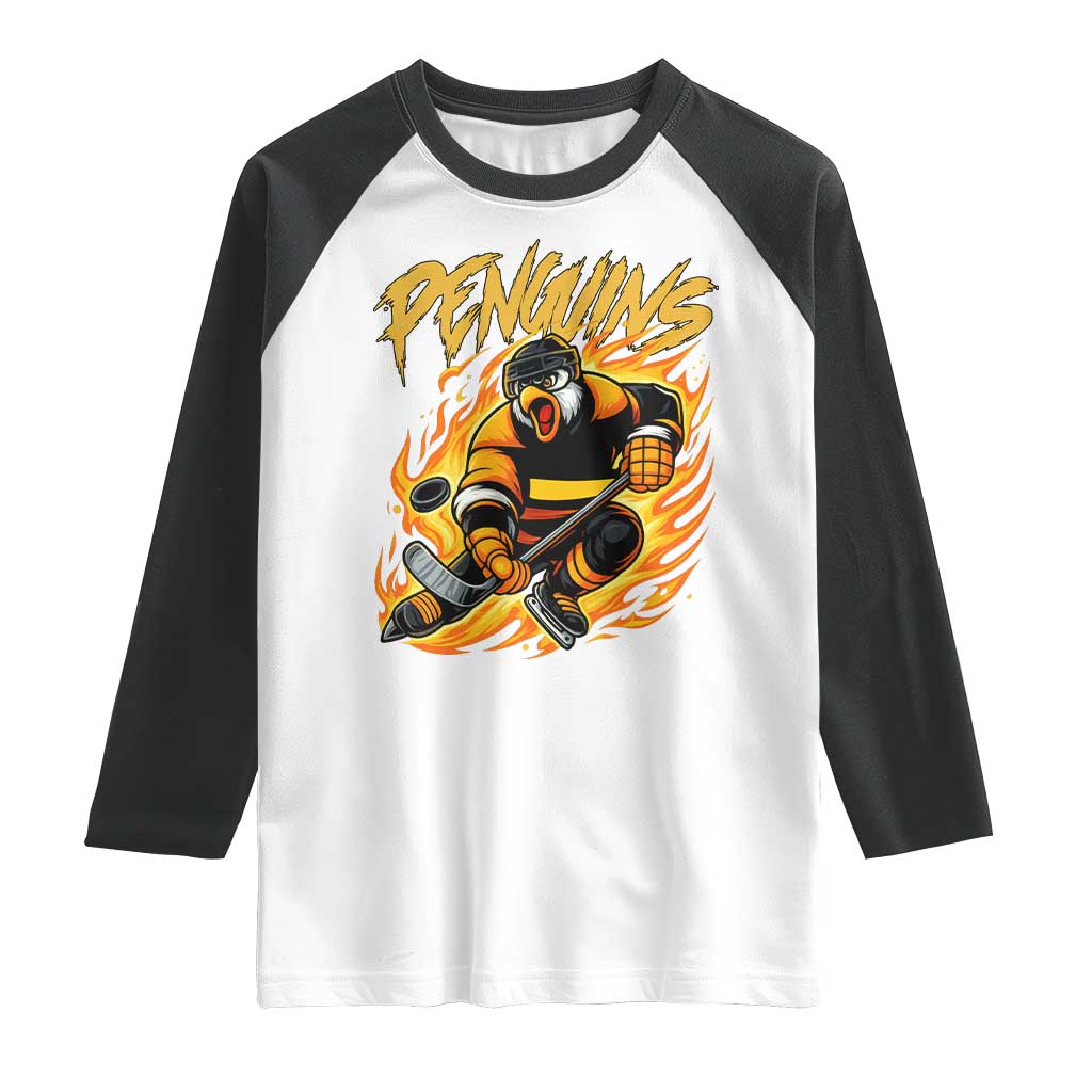 Penguin Playing Ice Hockey Raglan Shirt - Funny Sports Fan Gift Tee TS12 White Black Print Your Wear