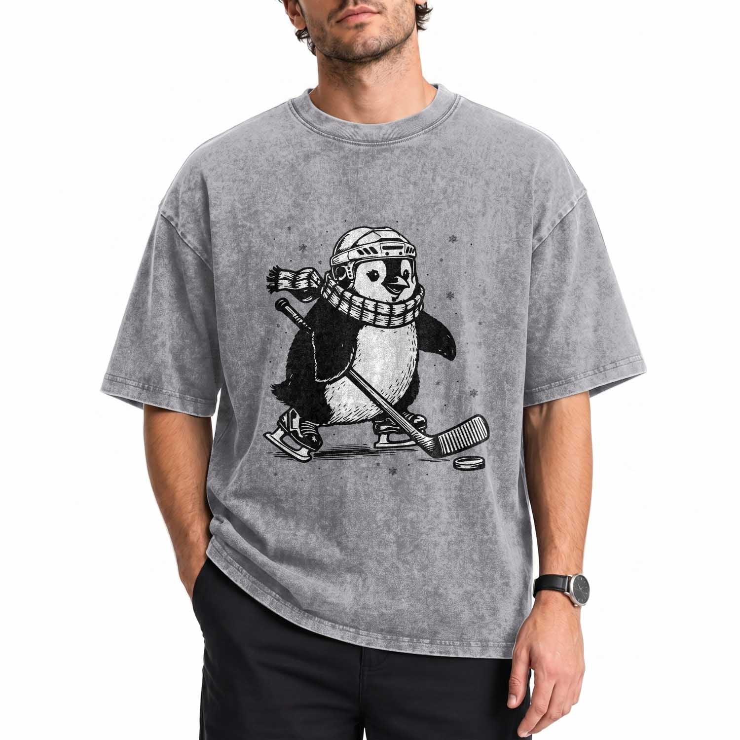 Cute Penguin Playing Ice Hockey Washed Cotton T-Shirt Funny Sports Lover Gift
