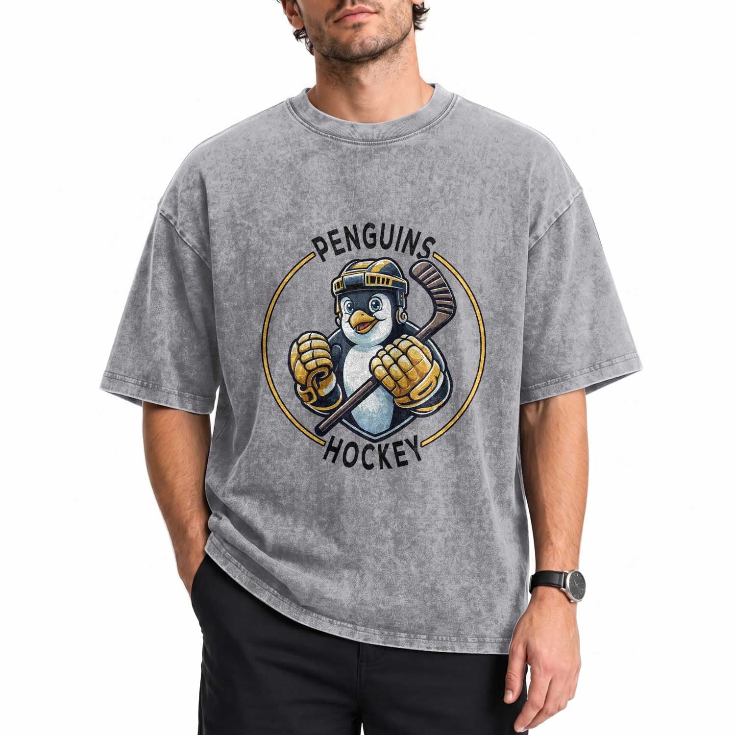 Funny Penguin Hockey Player Washed Cotton T-Shirt Gift For Animal Lovers