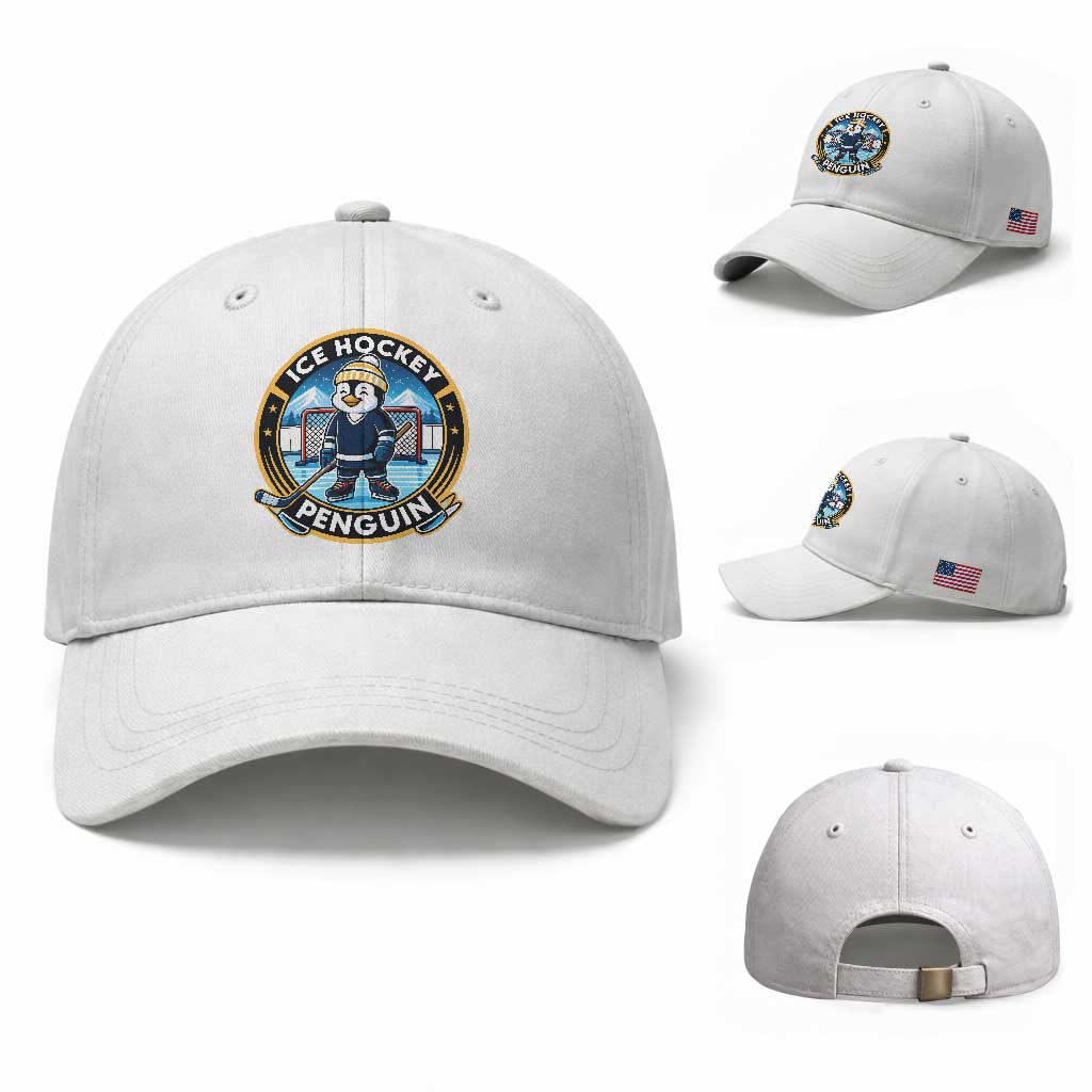 Funny Penguin Hockey Player Baseball Cap Sports Fan Gift TS12 Baseball Cap Universal Fit White Print Your Wear