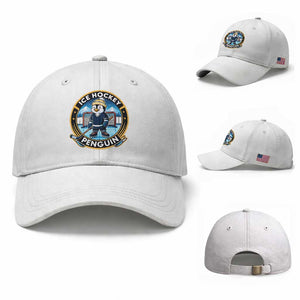 Funny Penguin Hockey Player Baseball Cap Sports Fan Gift TS12 Baseball Cap Universal Fit White Print Your Wear