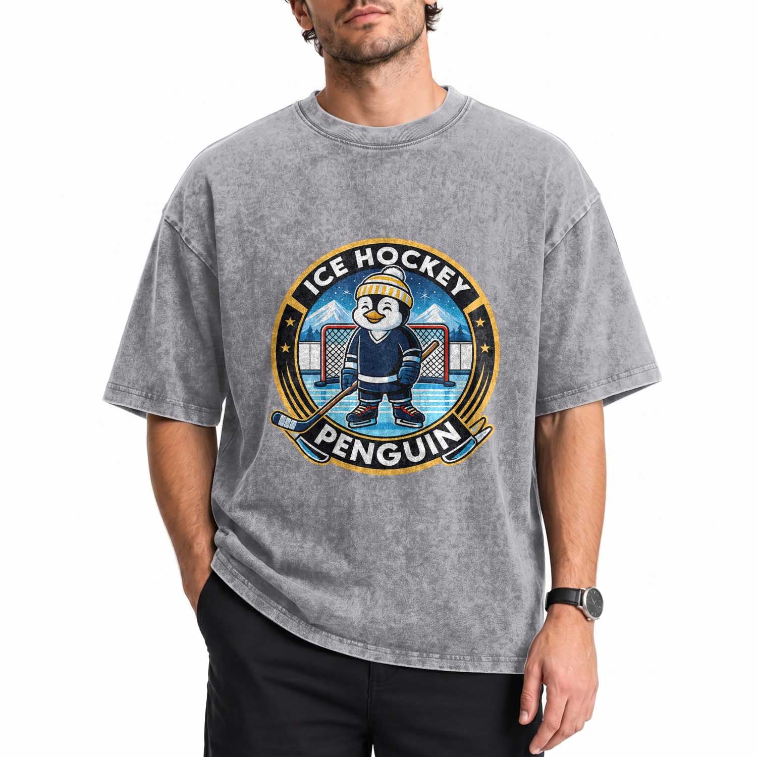 Funny Penguin Hockey Player Washed Cotton T-Shirt Sports Fan Gift