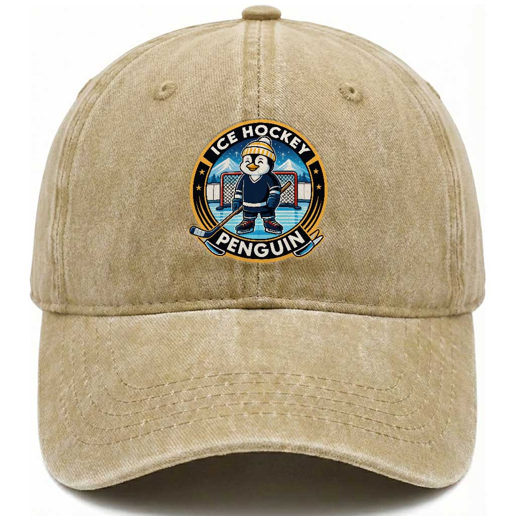 Funny Penguin Hockey Player Washed Cotton Baseball Cap Sports Fan Gift TS12 Print Your Wear