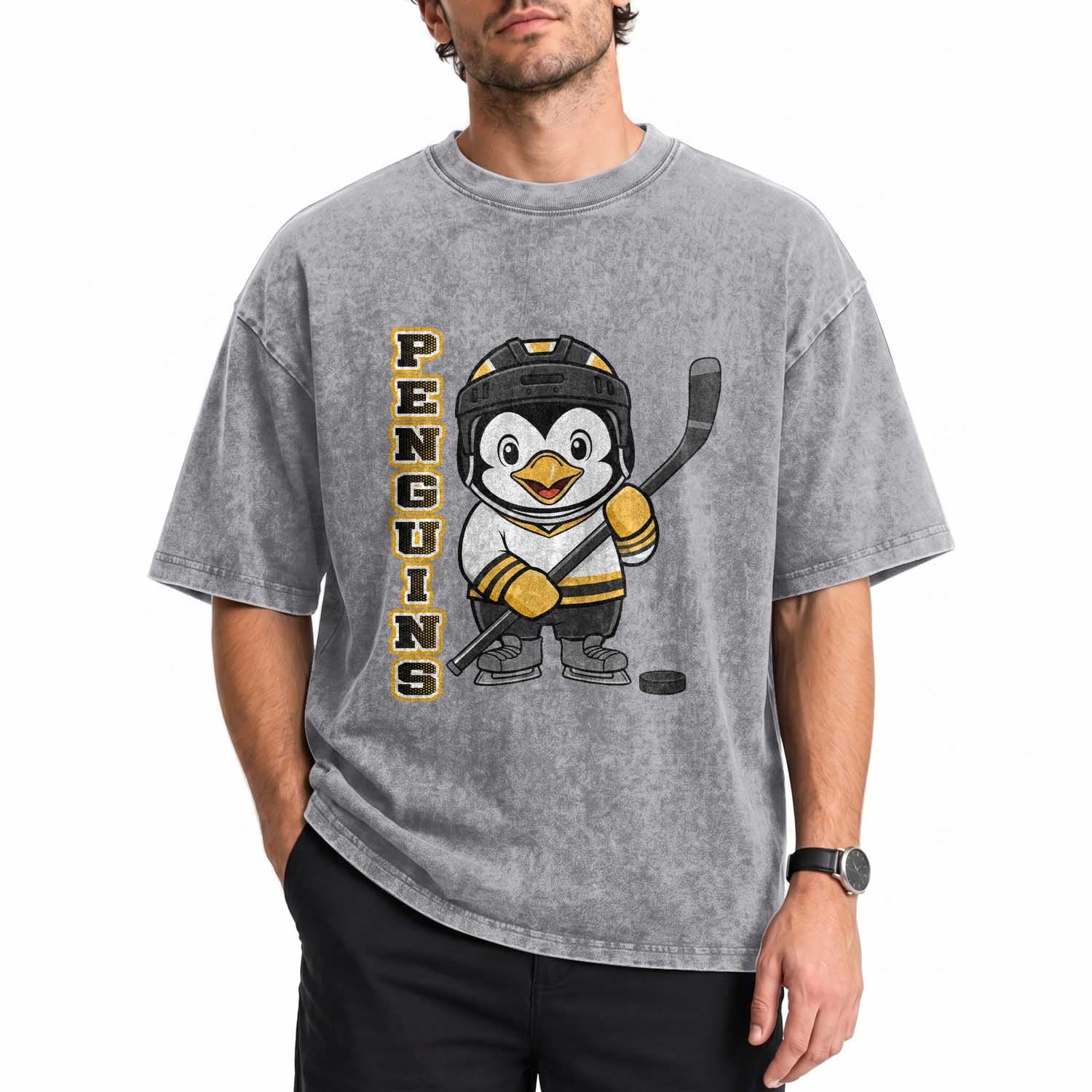 Funny Penguin Playing Ice Hockey Washed Cotton T-Shirt Gift For Kids