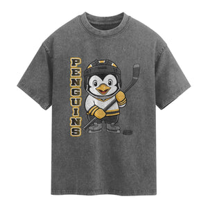 Funny Penguin Playing Ice Hockey Washed Cotton T-Shirt Gift For Kids