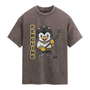 Funny Penguin Playing Ice Hockey Washed Cotton T-Shirt Gift For Kids