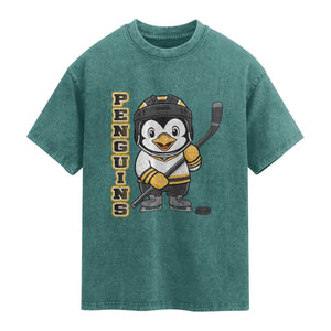Funny Penguin Playing Ice Hockey Washed Cotton T-Shirt Gift For Kids