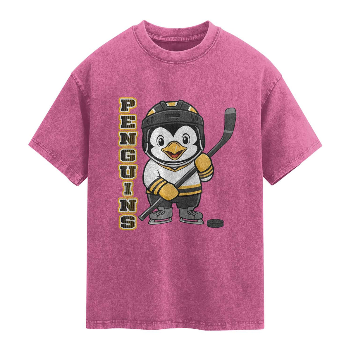 Funny Penguin Playing Ice Hockey Washed Cotton T-Shirt Gift For Kids