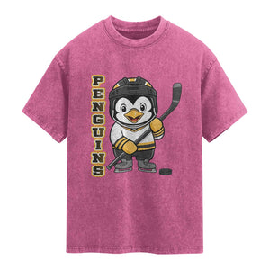 Funny Penguin Playing Ice Hockey Washed Cotton T-Shirt Gift For Kids