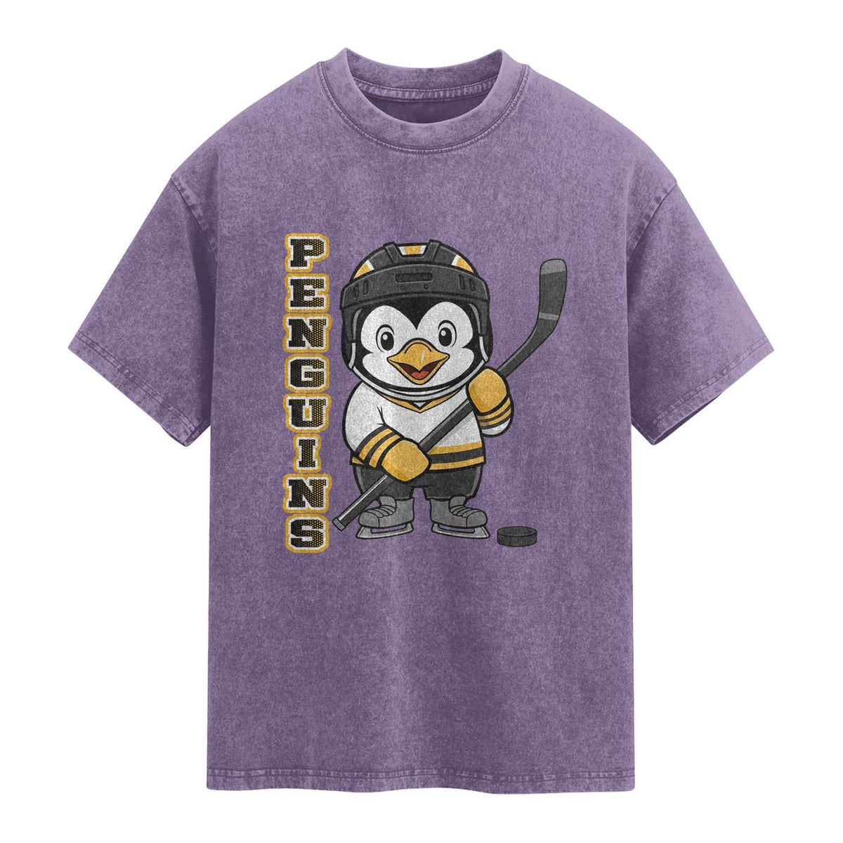 Funny Penguin Playing Ice Hockey Washed Cotton T-Shirt Gift For Kids