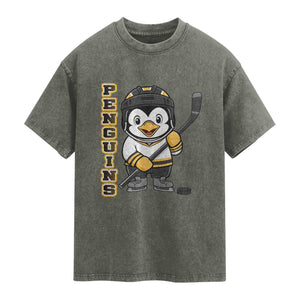 Funny Penguin Playing Ice Hockey Washed Cotton T-Shirt Gift For Kids