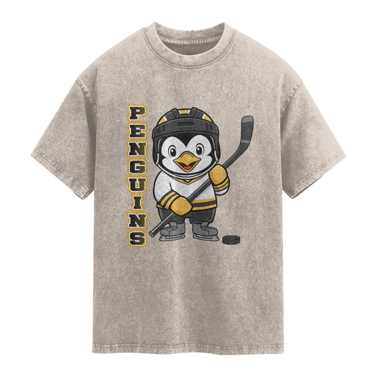 Funny Penguin Playing Ice Hockey Washed Cotton T-Shirt Gift For Kids
