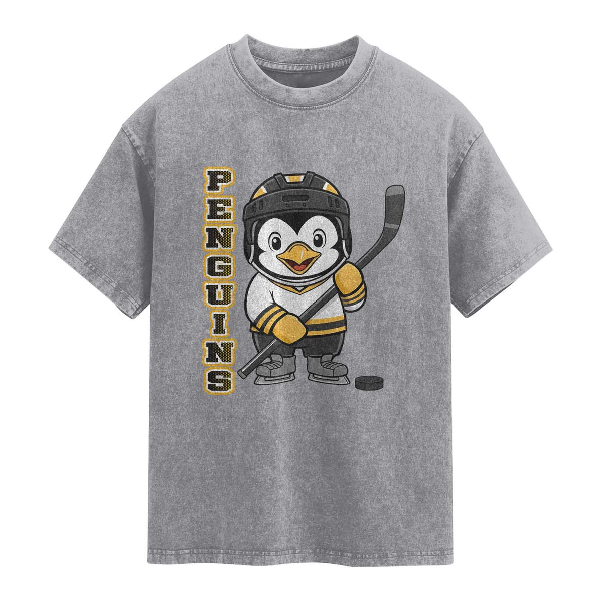 Funny Penguin Playing Ice Hockey Washed Cotton T-Shirt Gift For Kids