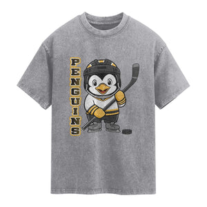 Funny Penguin Playing Ice Hockey Washed Cotton T-Shirt Gift For Kids