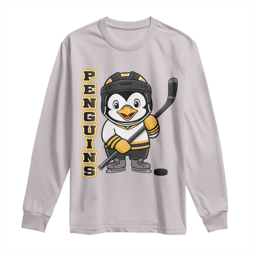 Funny Penguin Playing Ice Hockey Long Sleeve Shirt Gift For Kids TS12 Ice Gray Print Your Wear