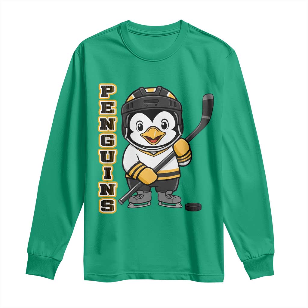 Funny Penguin Playing Ice Hockey Long Sleeve Shirt Gift For Kids TS12 Irish Green Print Your Wear