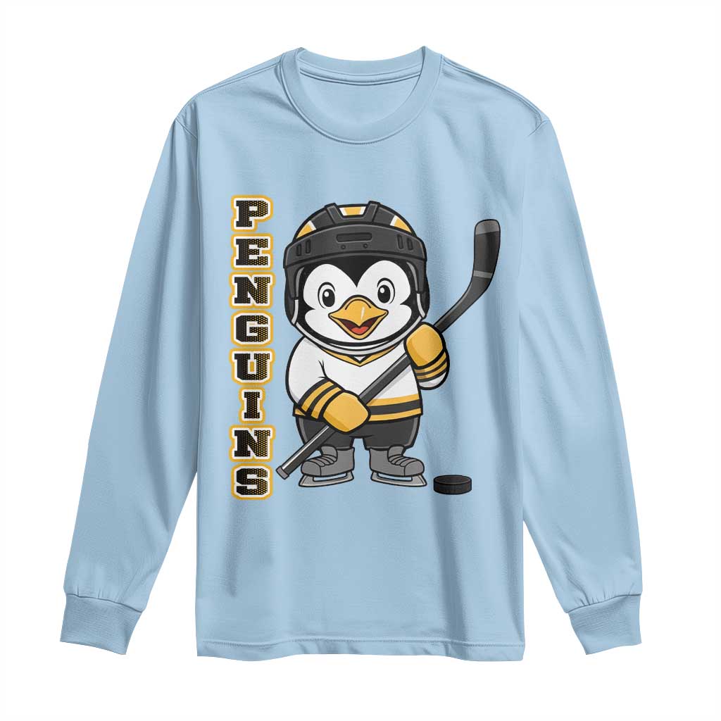 Funny Penguin Playing Ice Hockey Long Sleeve Shirt Gift For Kids TS12 Light Blue Print Your Wear