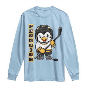 Funny Penguin Playing Ice Hockey Long Sleeve Shirt Gift For Kids TS12 Light Blue Print Your Wear