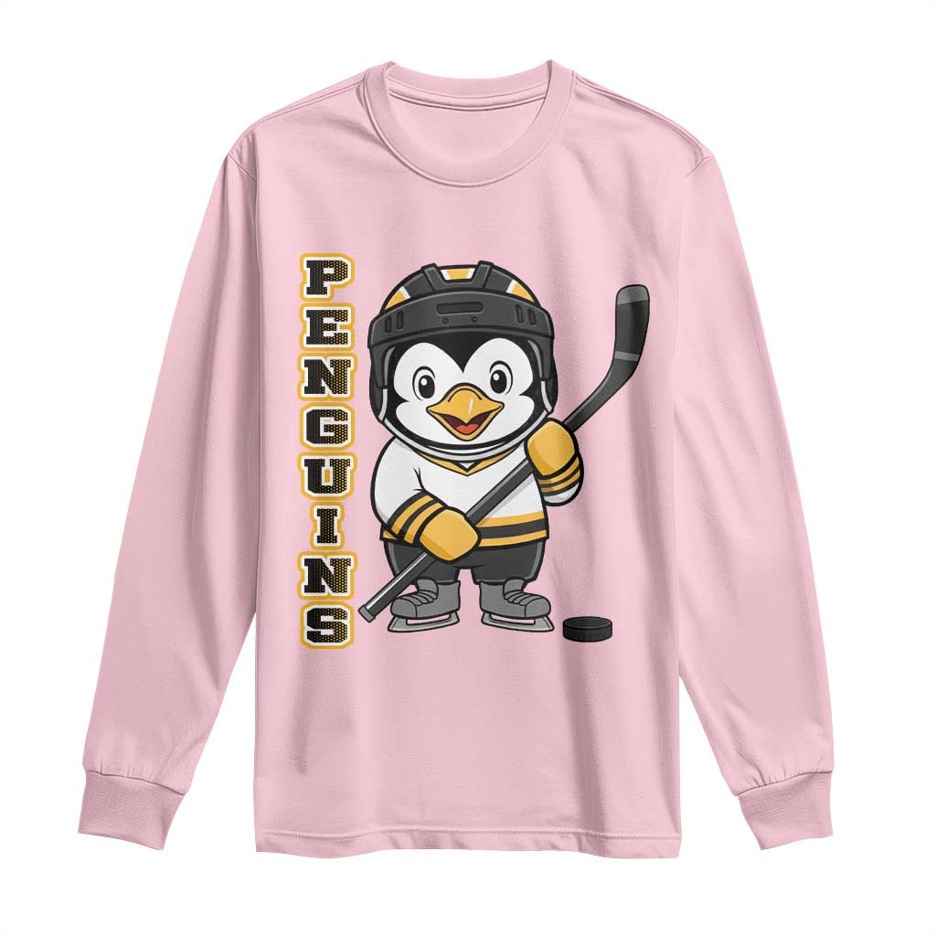 Funny Penguin Playing Ice Hockey Long Sleeve Shirt Gift For Kids TS12 Light Pink Print Your Wear