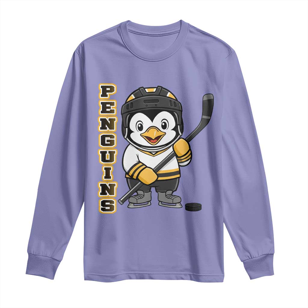 Funny Penguin Playing Ice Hockey Long Sleeve Shirt Gift For Kids TS12 Violet Print Your Wear