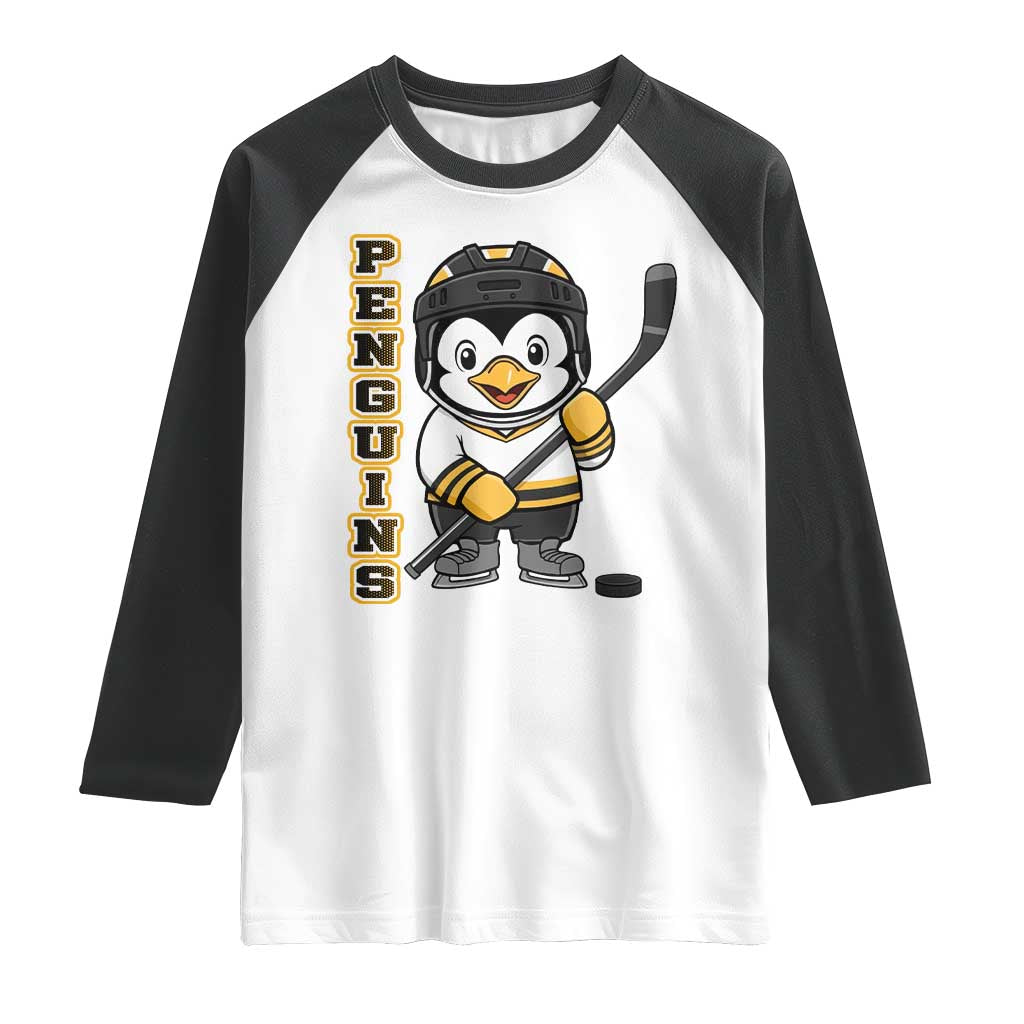 Funny Penguin Playing Ice Hockey Raglan Shirt Gift For Kids TS12 White Black Print Your Wear
