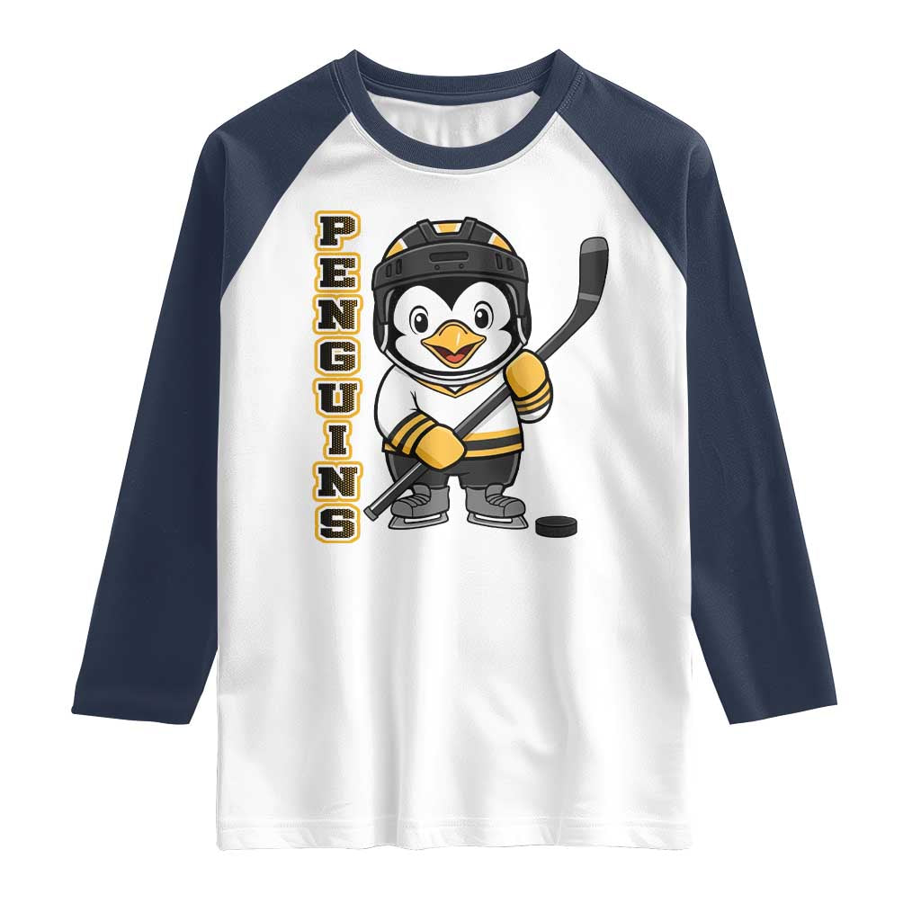 Funny Penguin Playing Ice Hockey Raglan Shirt Gift For Kids TS12 White Navy Print Your Wear