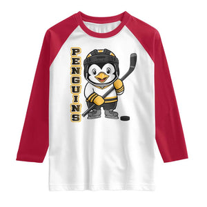 Funny Penguin Playing Ice Hockey Raglan Shirt Gift For Kids TS12 White Red Print Your Wear