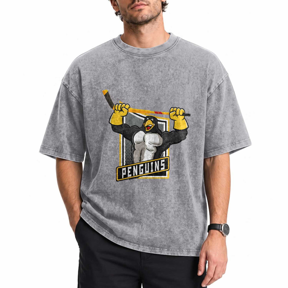 Funny Ice Hockey Player Gift Washed Cotton T-Shirt Penguin Power