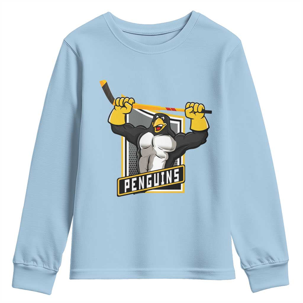 Funny Ice Hockey Player Gift Youth Sweatshirt Penguin Power TS12 Light Blue Print Your Wear