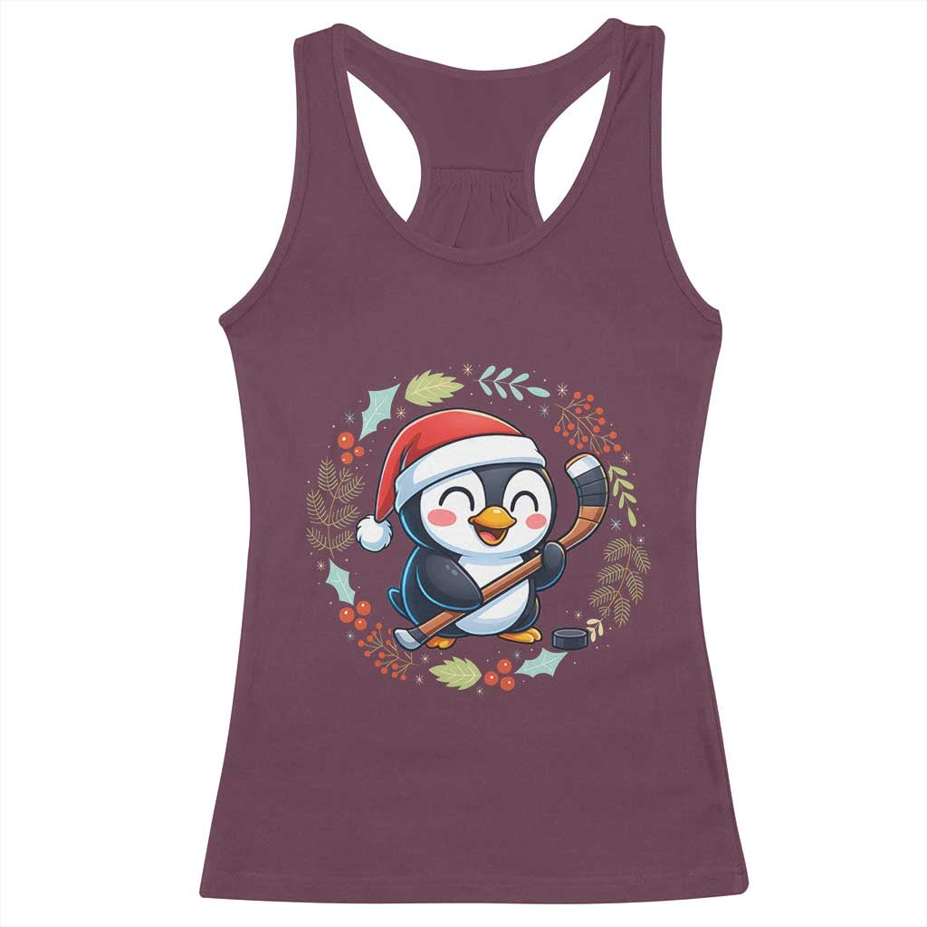 Cute Penguin Playing Ice Hockey Racerback Tank Top Funny Christmas Gift TS12 Maroon Print Your Wear