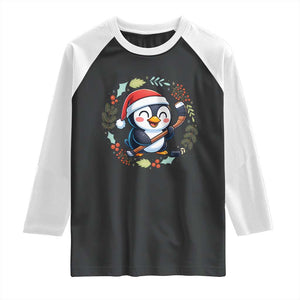 Cute Penguin Playing Ice Hockey Raglan Shirt Funny Christmas Gift TS12 Black White Print Your Wear