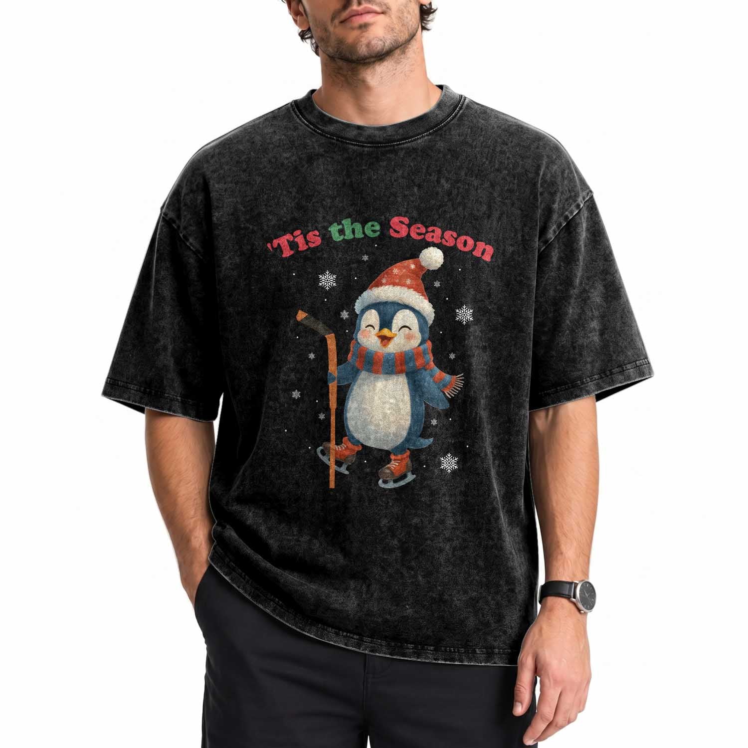Cute Penguin Tis The Season Washed Cotton T-Shirt Funny Christmas Gift For Holiday Fans
