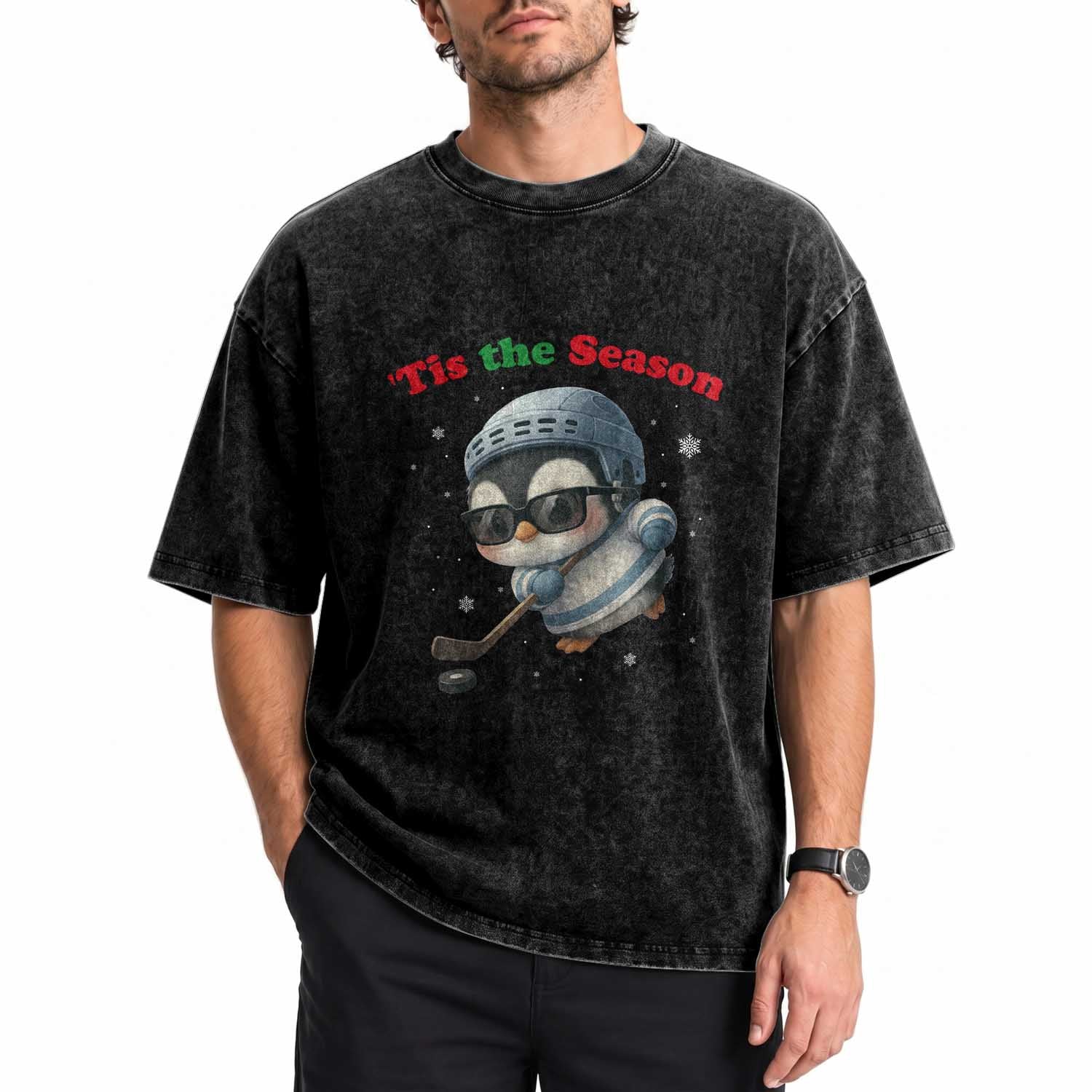 Penguin On Ice Tis The Season Washed Cotton T-Shirt Funny Christmas Gift