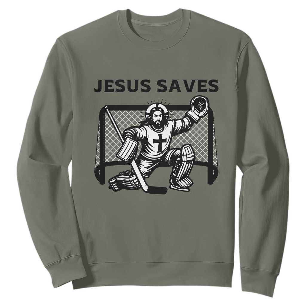 Funny Religious Ice Hockey Goalie Gift Sweatshirt Jesus Saves TS12 Military Green Print Your Wear