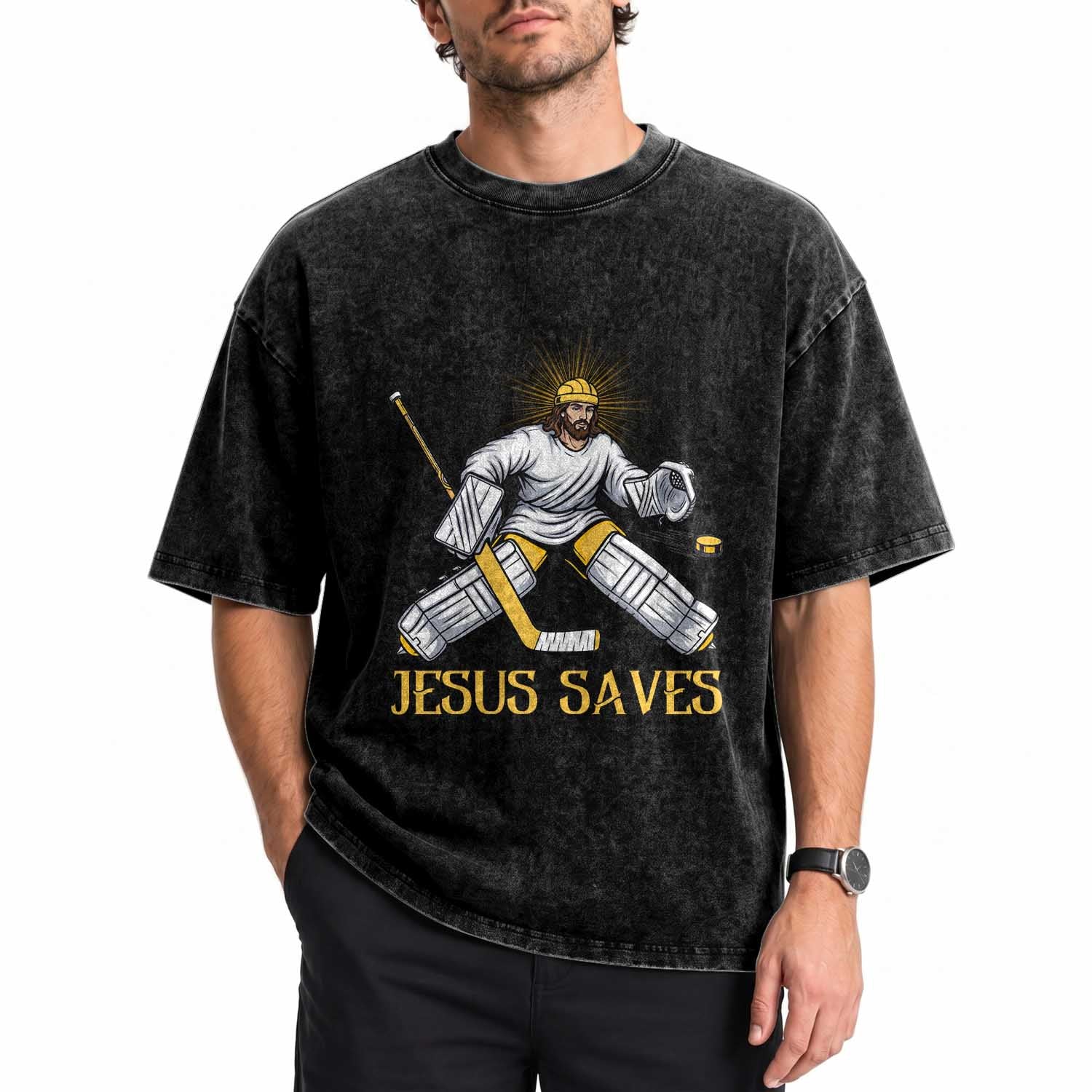 Jesus Saves Washed Cotton T-Shirt Funny Christian Ice Hockey Goalie Gift