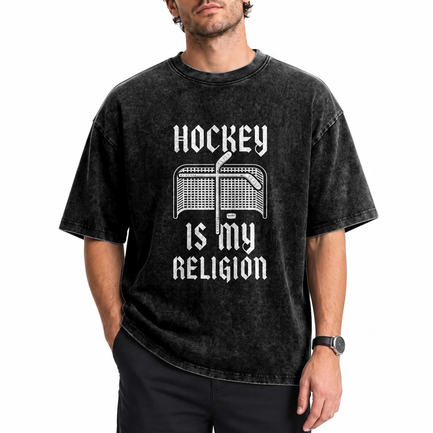 Hockey Is My Religion Washed Cotton T-Shirt Funny Christian Goalie Gift