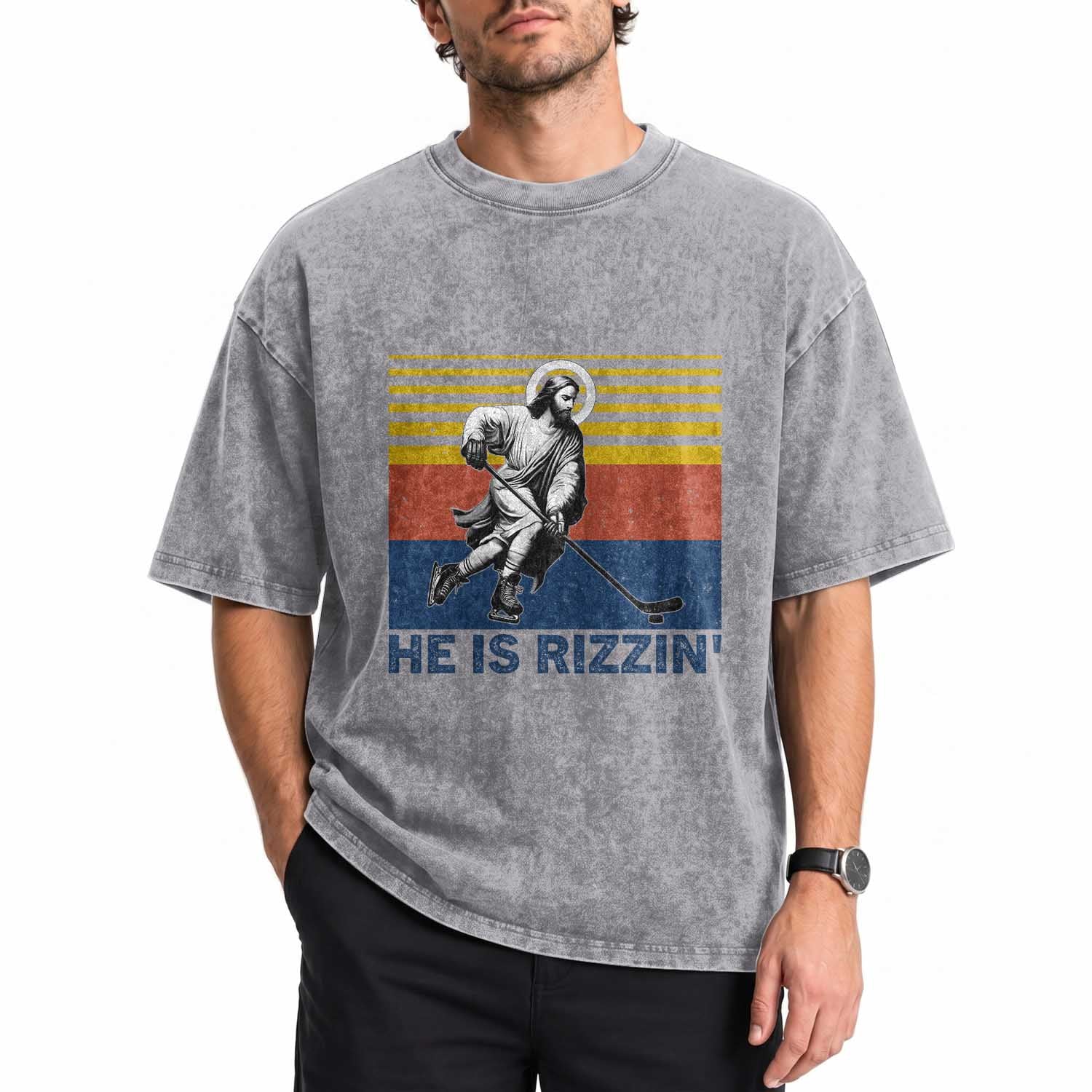 He Is Rizzin Washed Cotton T-Shirt Christian Hockey Retro Funny Gift For Believers