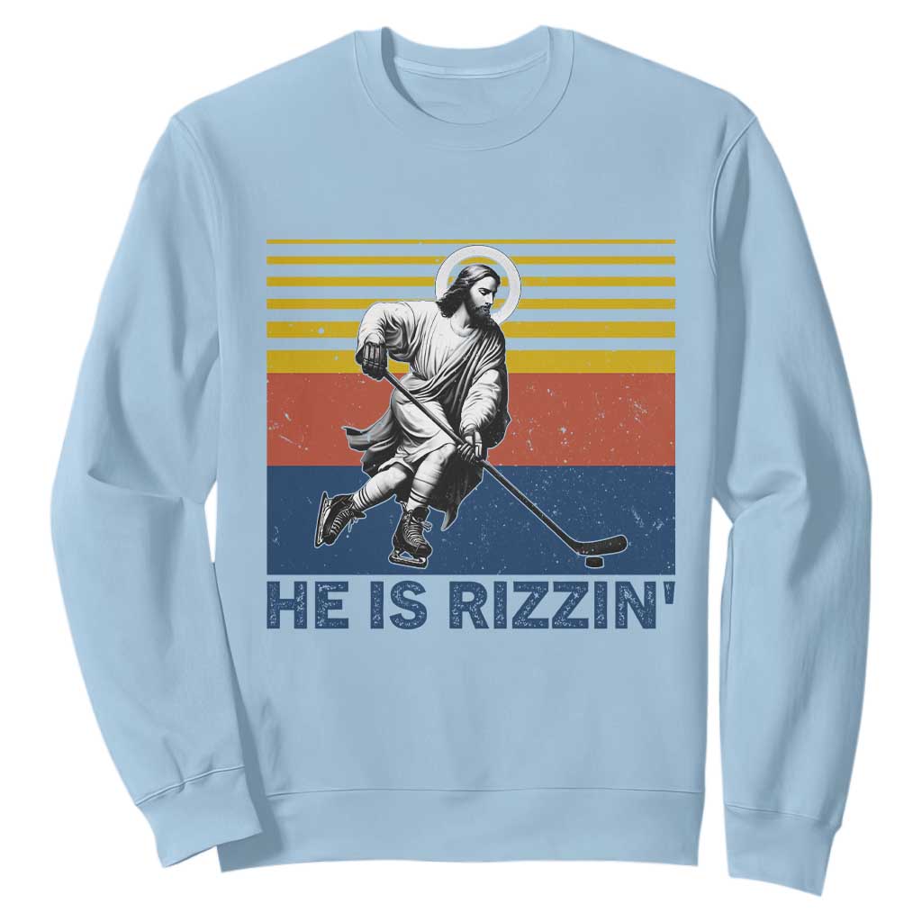 He Is Rizzin Sweatshirt Christian Hockey Retro Funny Gift For Believers TS12 Light Blue Print Your Wear