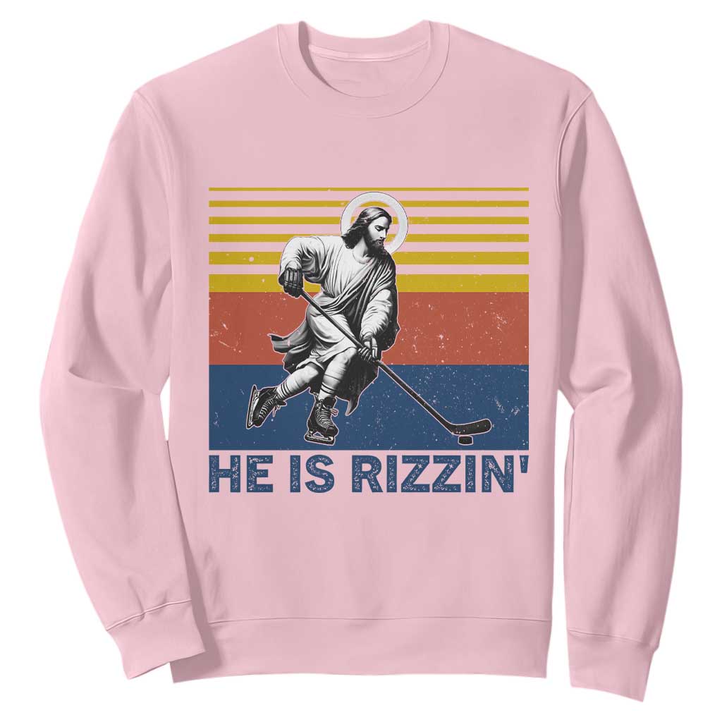 He Is Rizzin Sweatshirt Christian Hockey Retro Funny Gift For Believers TS12 Light Pink Print Your Wear